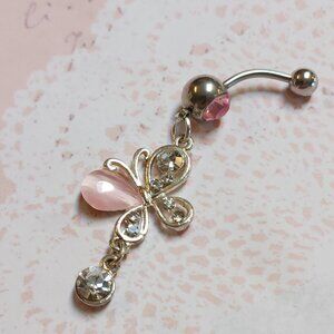 *5/35* Pink Faux Cats Eye Bead Crystal Butterfly Belly Ring Belly Dangle